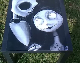 Custom Jack and Sally NBC Black White Side End Table Halloween Decor Gift