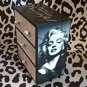 Custom Marilyn Monroe Mini 4 Drawer Jewelry Chest Diva Glamour Black Silver