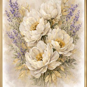 May include: A framed floral painting featuring a bouquet of white peonies with golden accents and sprigs of lavender. The artwork has a soft, painterly style with a neutral background and a gold frame, creating an elegant aesthetic.