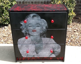 Custom Marilyn Monroe Shadows 3 Drawer Chest Nightstand Red Black Glamour Diva Decor Storage Bedroom Make Up Room Storage Gift