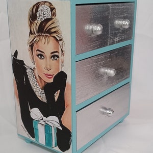 Custom Audrey Hepburn Mini 4 Drawer Jewelry Chest Diva Glamour Teal Blue Silver