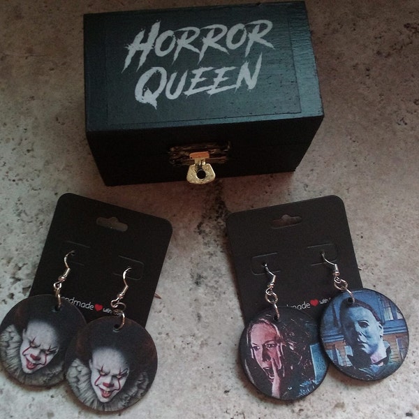 Gift Set Wooden Gift Box Horror Queen 2 Pair IT and Friday 13th 1.5" Round Dangle Earrings 925 Sterling Silver Hypoallergenic Earring Hooks