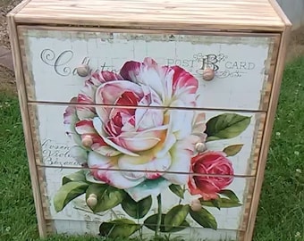 Anpassad blommig rosor nattduksbord med 3 lådor, Cottagecore-inredning, sovrum, shabby chic, vintage, trälook