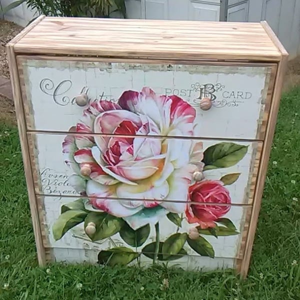 Custom Floral Roses 3 Drawer Chest Nightstand Cottagecore Decor Bedroom Shabby Chic Vintage Wood Look