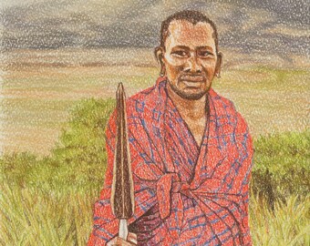 Original Maasai Portrait, Africa Art, African Figure, Masai Warrior, Original Pastel Art, Masai with Spear, World Cultures, Tanzania Africa