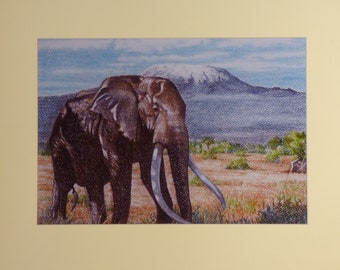 Elephant with Large Tusks, Mount Kilimanjaro, African Wildlife in Landscape, Elephant Wall Art, Africa Kilimanjaro, Elephant Gifts, Kenya