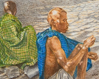 African Figure Art, African Craftsmen, Original Painting, Figures Sitting in the Shade, Africa Tanzania, Original Artwork, Male Portrait Art