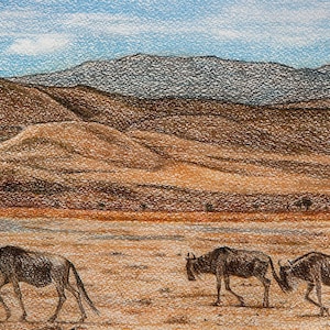 Gnu nel paesaggio africano, cratere di Ngorongoro, fauna selvatica africana originale, paesaggio drammatico, linea di gnu, arte pastello originale