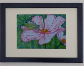 Framed Pastel Art, Butterfly Art Print, Pink Flower, Summer Garden, Flower Petals, English Countryside, Flower Close-up, Butterfly Drawing