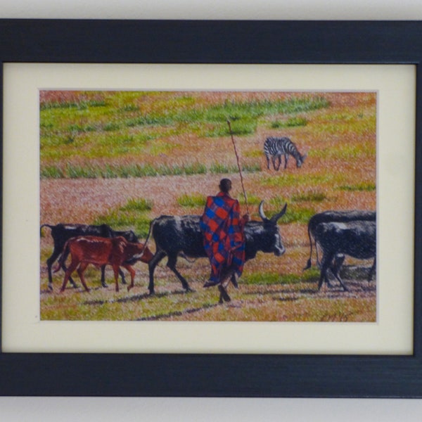 Masai and Cattle Art Print, Small Framed African Figure Art, Tanzania Africa, Maasai Cattle Herder, Africa Artwork, Pastoral Scene Africa