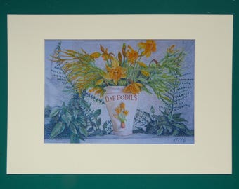 Narzisse Art Print, Blumenmalerei, Blumen in einer Vase, Blumen in einer Vase, rustikale Stillleben, Frühlingsblumenarrangement, Pastellmalerei, gelbe Blume