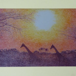 Giraffe Silhouetted in African Sunset, Wildlife Art Prints, Unframed Giraffe Art, Wildlife at Sunset, Tanzania Art Prints, Africa Artwork