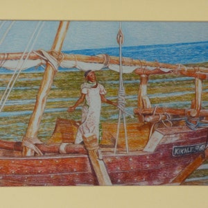 Zanzibar Scene, Young Girl in Boat, Coastal Art, Dhows Indian Ocean, Beach Wall Art, Sailing Boat, African Girl Prints, Tropical Beach Art