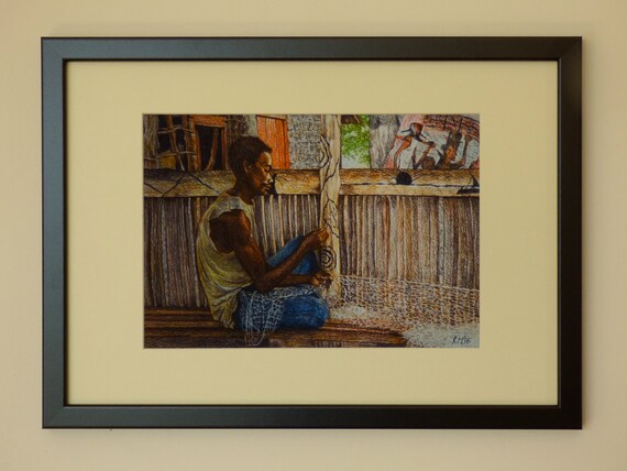 Beach Art print seaside fishing village.Print only unframed signed original.