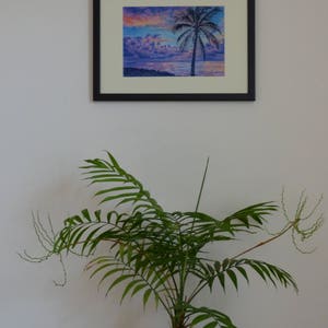 Tropical Palm Tree and Sunrise, Ocean Sunrise with Palm Tree, Coastal Wall Art, Beach Art Prints, Palm Leaves, Tropical Coast, Purple Sky image 3