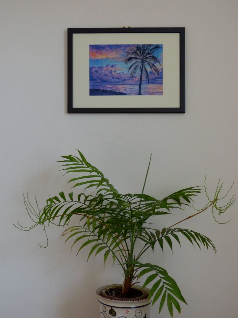 Tropical Palm Tree and Sunrise, Ocean Sunrise with Palm Tree, Coastal Wall Art, Beach Art Prints, Palm Leaves, Tropical Coast, Purple Sky image 3