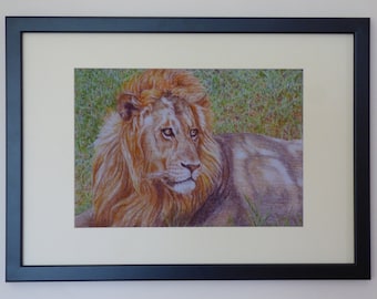 Male Lion Portrait, African Wildlife Art, Big Cats, Jungle Animals, Lion with Mane, Ready Framed, Lion Portrait Art, Resting Lion, Tanzania