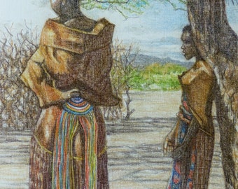 Original Pastell Gemälde von Figuren im Schatten, Afrikanische Frauen in Traditioneller Kleidung, Afrikanische Figur Kunst, Tansania, Original Kunstwerk Afrika