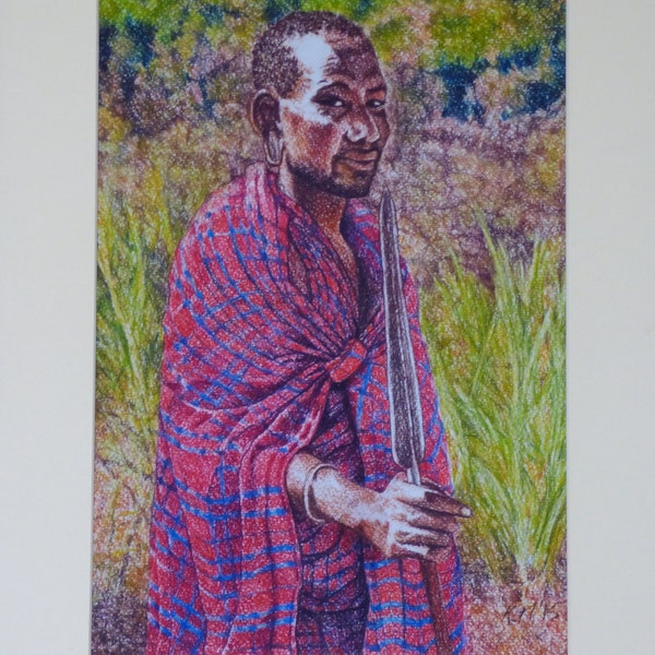 Unframed Masai Warrior with Spear, Africa Art Print, Maasai Figure, African Man, Original Art Print, Masai with Spear, Tanzania Africa