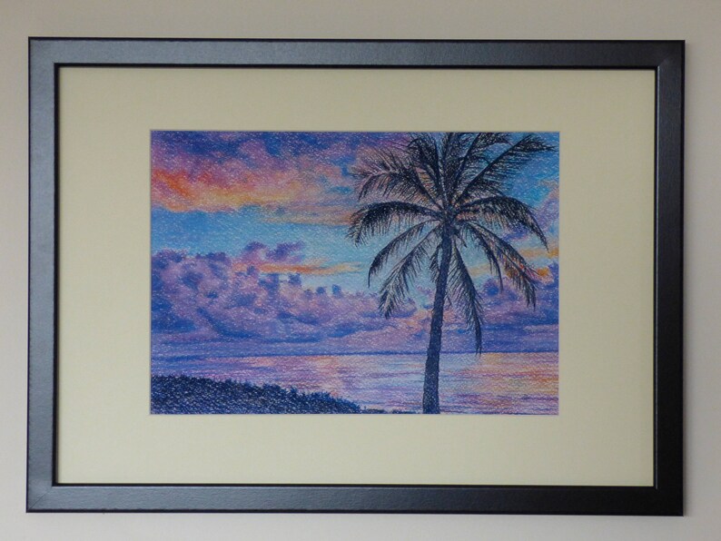 Tropical Palm Tree and Sunrise, Ocean Sunrise with Palm Tree, Coastal Wall Art, Beach Art Prints, Palm Leaves, Tropical Coast, Purple Sky image 5