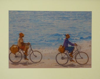 Tropical Beach Print, Coast Life, Cyclists by Sea, African Figure Art, Tropical Coast, Indian Ocean, Tanzania Africa, Beach Wall Art, Ocean
