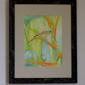 African Sunbird With Tropical Flowers, Original Painting, Tropical Bird Painting, Flowers and Raindrop, Tropical Birdlife, Original Artwork image 2