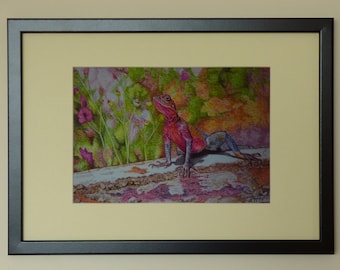 Lámina enmarcada de lagarto, lagarto arcoíris, pinturas de reptiles, arte mural de lagartos, lagarto colorido, colores del arcoíris, reptil tropical, arte pastel