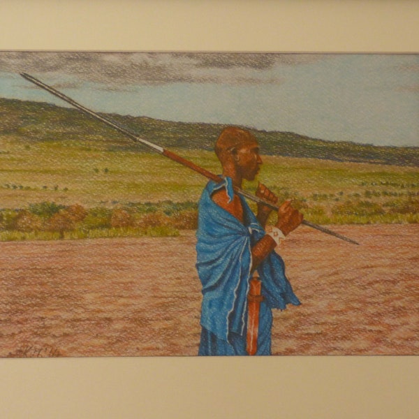 Masai Warrior Print, African Figure in Landscape, Africa Wall Art, Original Art Prints, Africa Artwork, Masai Painting, Pastel Art Prints