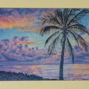 Tropical Palm Tree and Sunrise, Ocean Sunrise with Palm Tree, Coastal Wall Art, Beach Art Prints, Palm Leaves, Tropical Coast, Purple Sky image 1