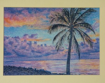 Tropical Palm Tree and Sunrise, Ocean Sunrise with Palm Tree, Coastal Wall Art, Beach Art Prints, Palm Leaves, Tropical Coast, Purple Sky