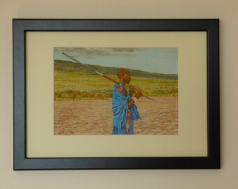 May include: A painting of a person in a blue robe holding a spear, standing in a field.