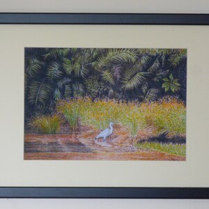 Puede incluir: Un dibujo enmarcado de una garceta blanca de pie en un cuerpo de agua poco profundo. La garceta está rodeada de altas hierbas verdes y palmeras. El fondo es de color verde oscuro.