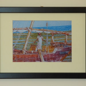 Impresión de arte de Zanzíbar enmarcada, niña sonriente, arte del océano tropical, dhow de madera, arte de pared de Zanzíbar, impresión de playa tropical, impresión de arte costero enmarcado