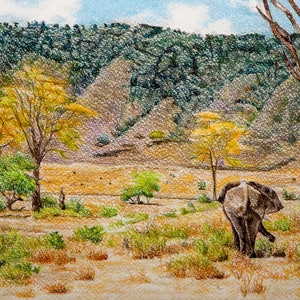 Elefant im Ngorongoro Krater, Original Gemälde, Afrikanische Wildtiere, Einsamer Elefant in Landschaft, Tansania, Afrikanische Landschaftskunst, Elefant