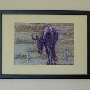 Framed Wildebeest Art, Wildebeest with Egrets, Ngorongoro Crater, African Wildlife Prints, Grazing Wildebeest, Tanzania Africa, Ready Framed