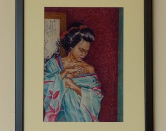 Stampa d'arte orientale, donna giapponese, kimono, arte murale orientale, ritratto giapponese, stampa incorniciata, arte figurativa, opera d'arte orientale, arte pastello