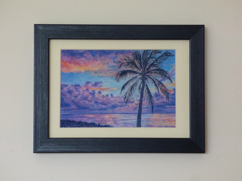 Tropical Palm Tree and Sunrise, Ocean Sunrise with Palm Tree, Coastal Wall Art, Beach Art Prints, Palm Leaves, Tropical Coast, Purple Sky image 2
