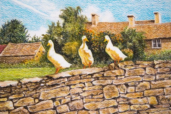 オリジナルのアヒルの絵画、コッツウォルズの村、田園風景、イギリスの