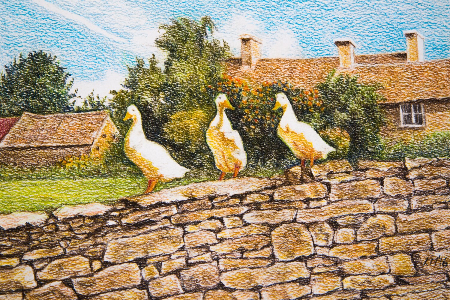 オリジナルのアヒルの絵画、コッツウォルズの村、田園風景、イギリスの