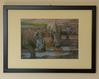 Framed Rhino Print, Africa Art, Rhino Baby, Wildlife Wall Art, Rhino Painting, Animal Art Rhinos, African Wildlife, Pastel Drawing Rhinos