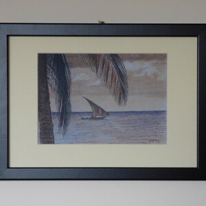 Sailing Boat and Palm Tree, Tropical Ocean, Dhow and Palm Trees, Ocean Painting, Beach Wall Art, Tropical Coast, Africa Art Prints, Tanzania