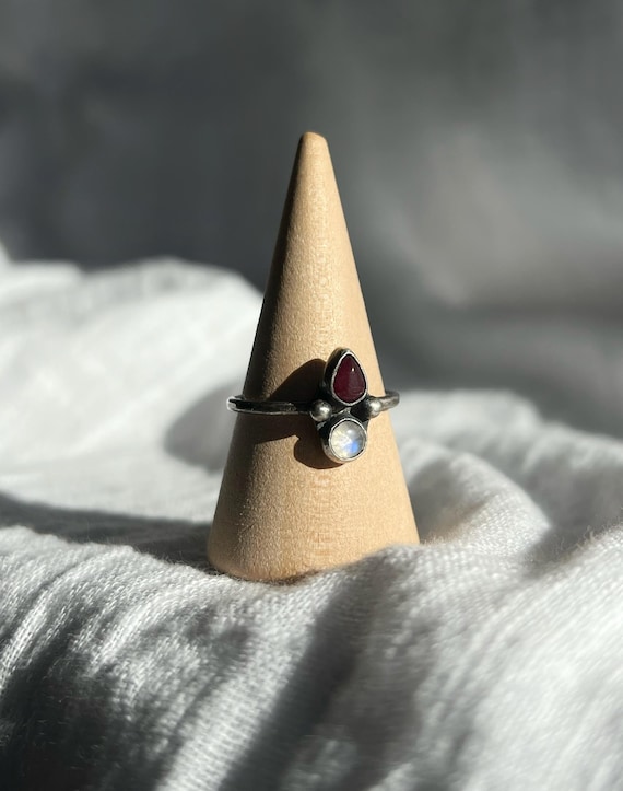 Garnet & White Labradorite Ring in Sterling Silver – Handmade Jewelry