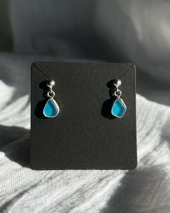 Earrings with Sky Blue Sea Glass in 925 Sterling Silver – Handmade Jewelry