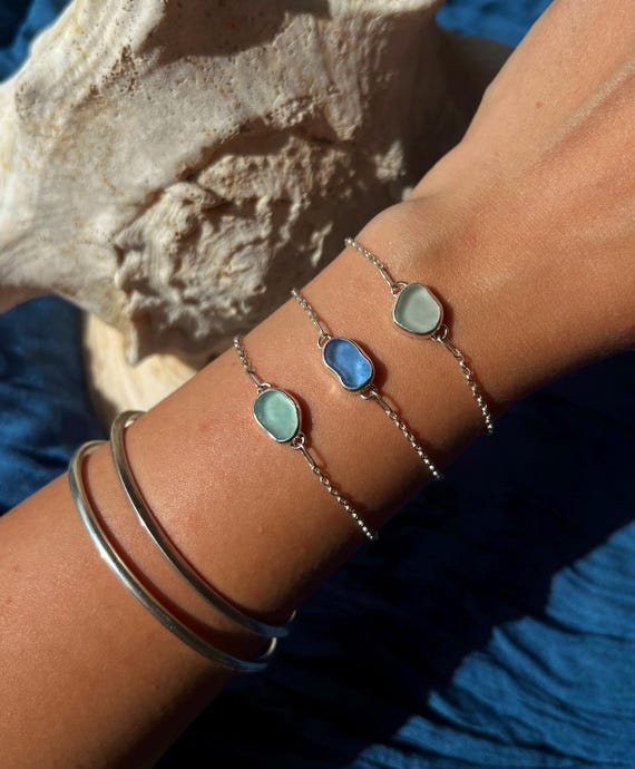 Handmade Adjustable Sterling Silver Bracelet with Sea Glass – Choose Your Color