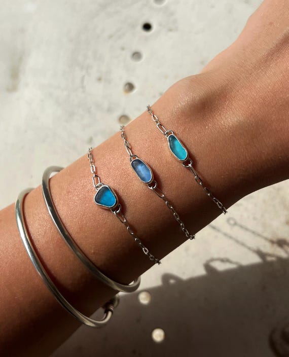 Handmade Adjustable Sterling Silver Bracelet with Sea Glass – Choose Your Color