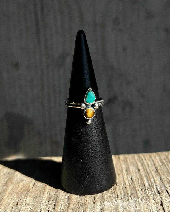 Anello con Turchese tibetano & Occhio di Tigre - Misura 13 IT
