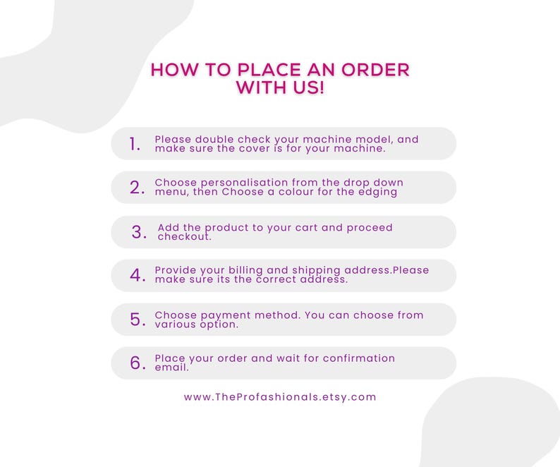 May include: An instructional graphic titled HOW TO PLACE AN ORDER WITH US! featuring six numbered steps in dark pink text on light gray rounded bars. The steps guide the user through checking machine models, selecting personalization, and checkout.