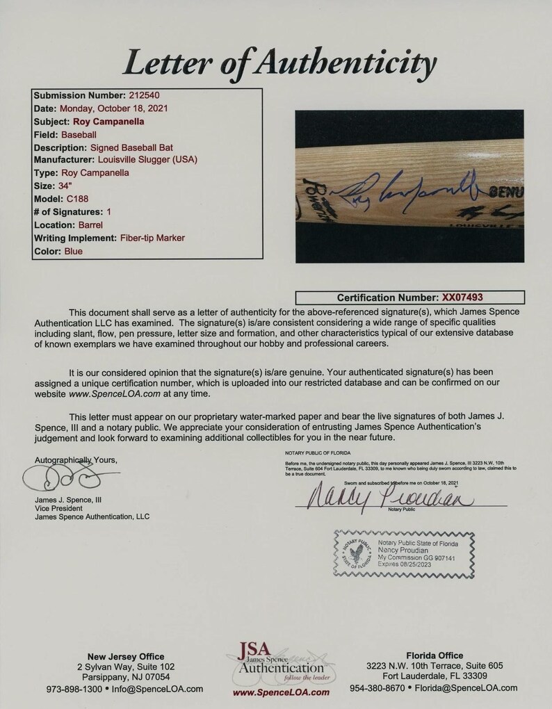 Jsa Authentication Letters Roy Campanella Brooklyn Dodgers Autographed Signed Baseball Bat JSA COA ...