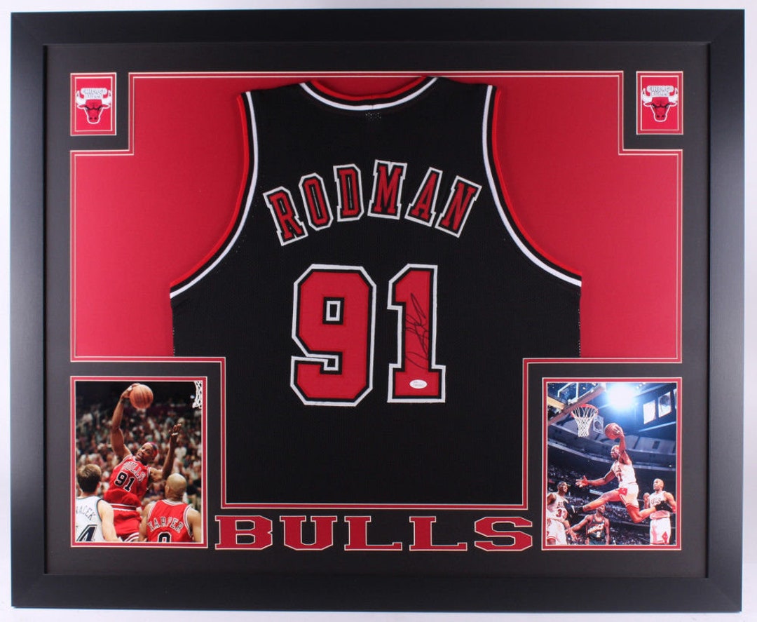 Dennis Rodman Autographed and Framed Black Bulls Jersey