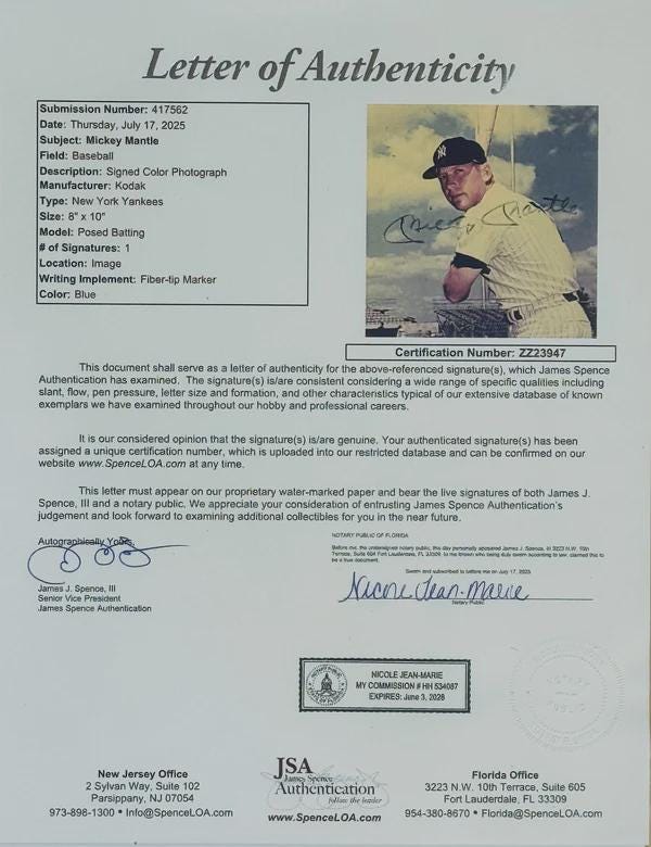 ミッキー・マントル 直筆サイン入り 額入り ニューヨーク・ヤンキース